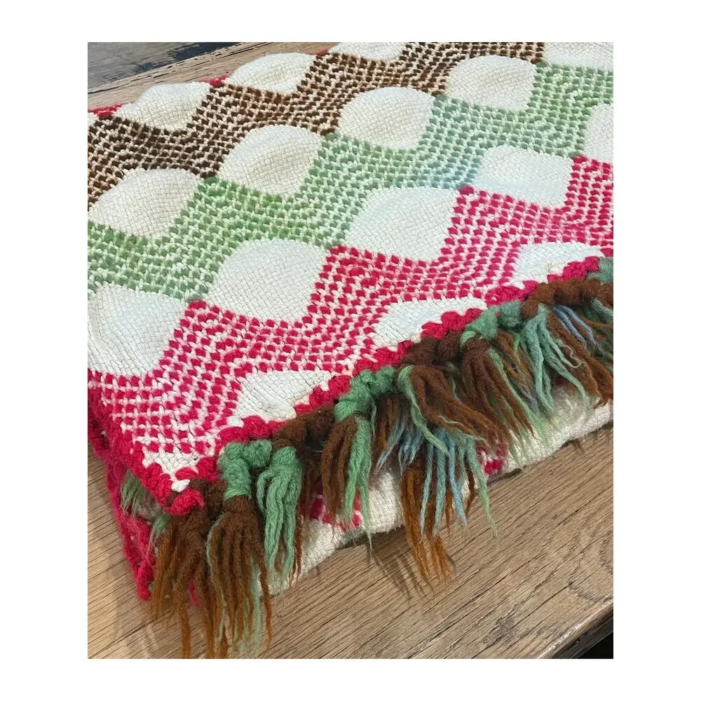 Vintage Handwoven Blanket Geometric Folk Art Pattern Fringed Border